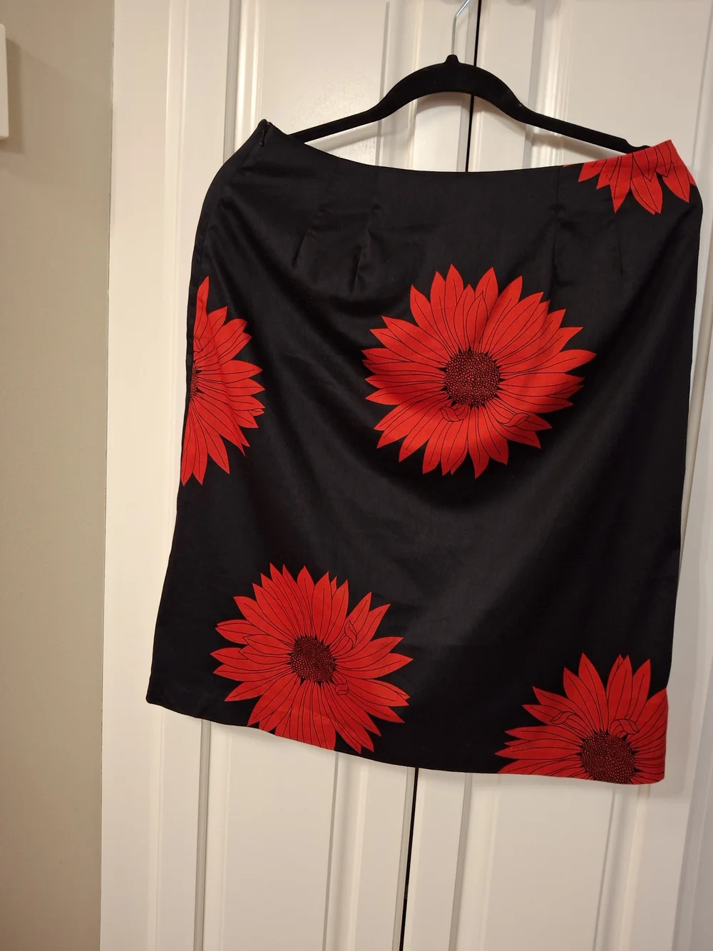 Women's Black Pencil Skirt with Red Floral Print